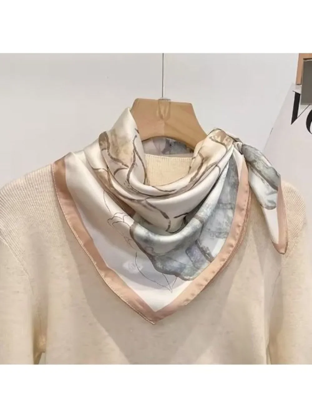 ✨Luxury Silky Square Scarf Beige Green Orange Tan Ginkgo Print Watercolor Wrap✨